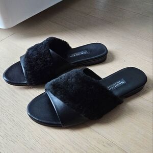 Newbark Women's Size 10 Yasmin Leather Shearling Slide Flat Sandal Black